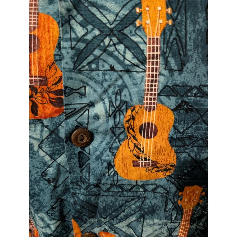 Hilo‎ Hattie Hawaiian Shirt Mens M Blue Orange Ukulele Made in Hawaii 100%Cotton